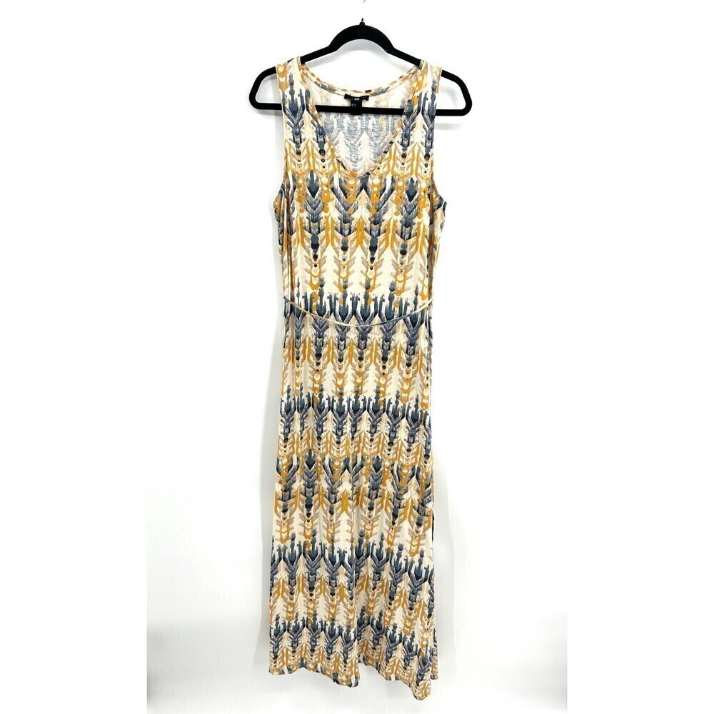 H&M Yellow Blue Boho Scoop Neck Sleeveless Waist Tie Maxi Dress Size Medium